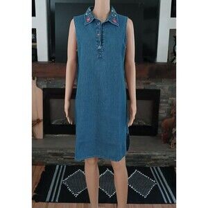 Women's Large Denim Dress Cotton Embroidered Lightweight Summer Spring Beachy